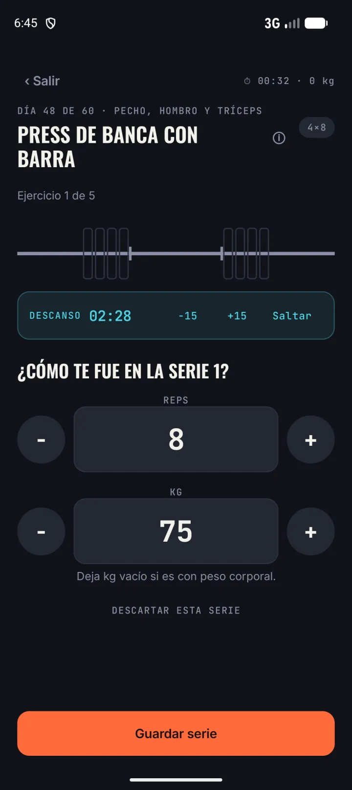 Al terminar la serie: el descanso corre (2:28) mientras anotas 8 repeticiones con 75 kilos.